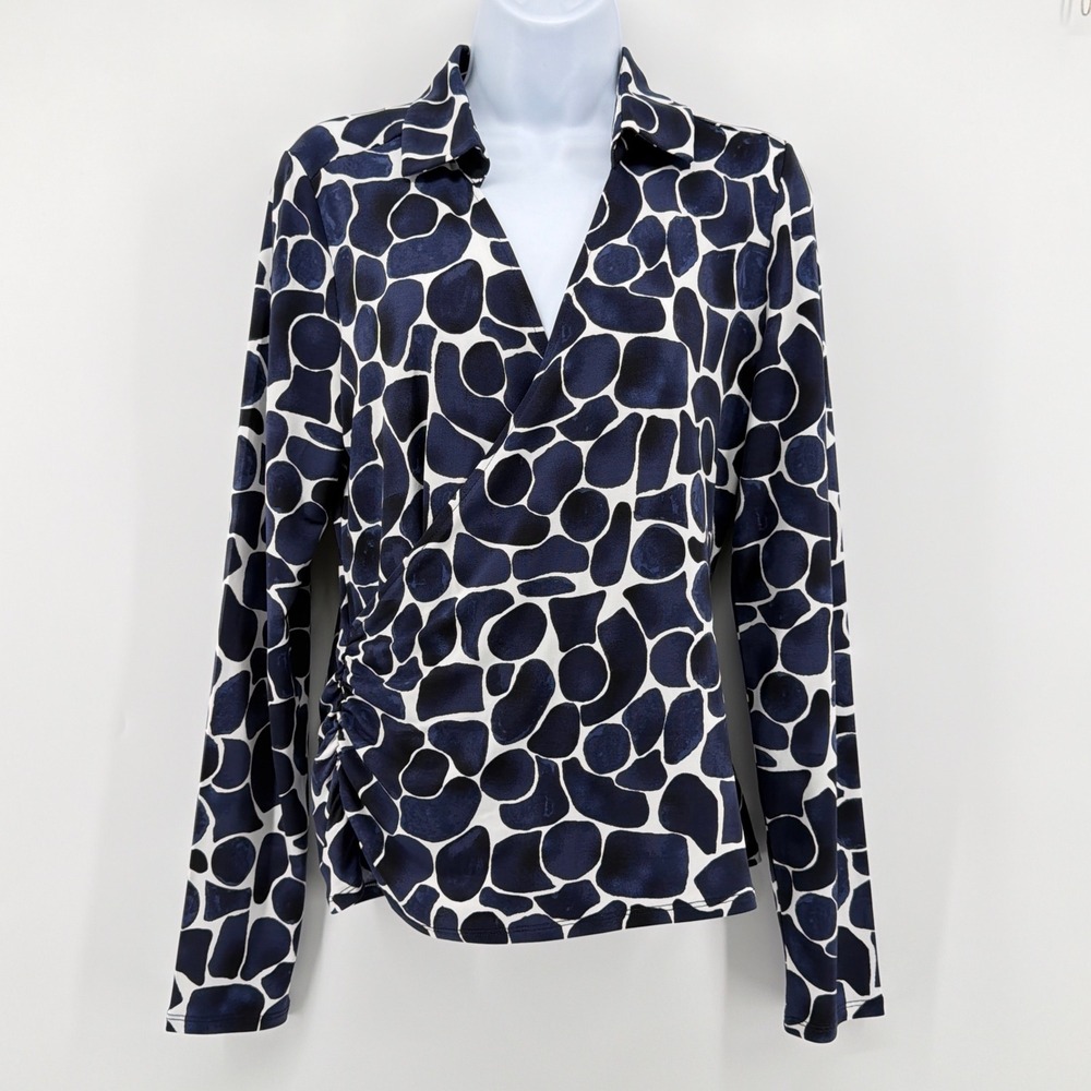 NIC+ZOE Navy Blue Abstract Print Ruched Faux Wrap Collar Top Blouse Womens M